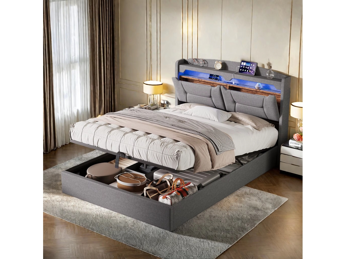 Cama de armazenamento hidráulica 140x190 cm, ripas, flanela bege | ROSAHQNDA