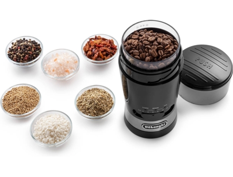 Moinho de Café DELONGHI KG210 (Capacidade: 90 g - 170 W) — Moinho de Café. 170W. Capacidade 90gr (até 12 chávenas). Seletor de moagem (3 níveis). Sistema "Push to grind" (iniciar moagem só com um toque). Escova de limpeza. Depósito de café removível.