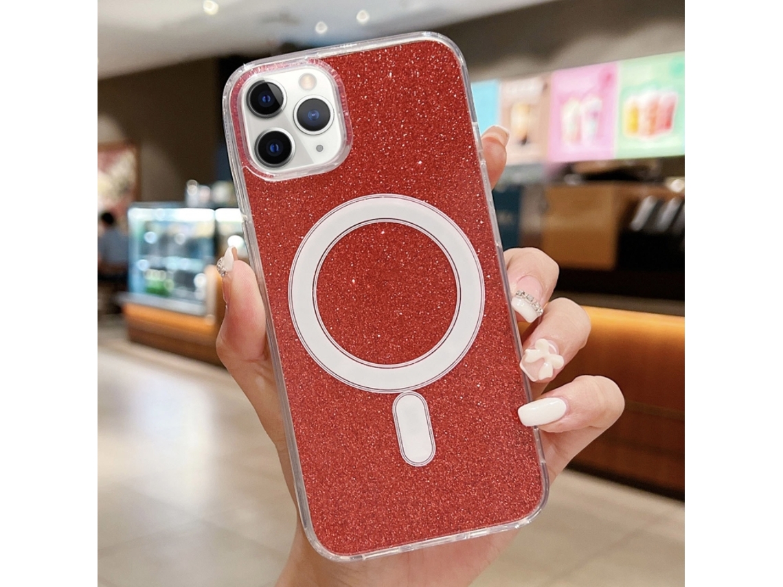 Capa Transparente Com Glitter Para Iphone 11 Pro Max - Acrílico - Magsafe - Vermelha