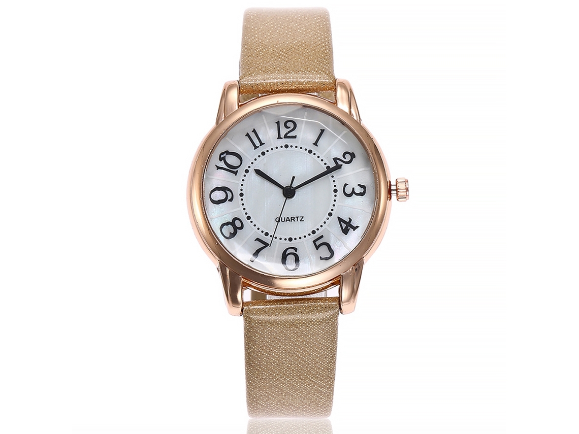 Relógio de Pulso Feminino de Quartzo com Pulseira de Couro Pu Estilo Simples Números Branco Leite