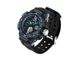 Relógio eletrônico multifuncional à prova d'água Snada com visor duplo (preto e azul, masculino)