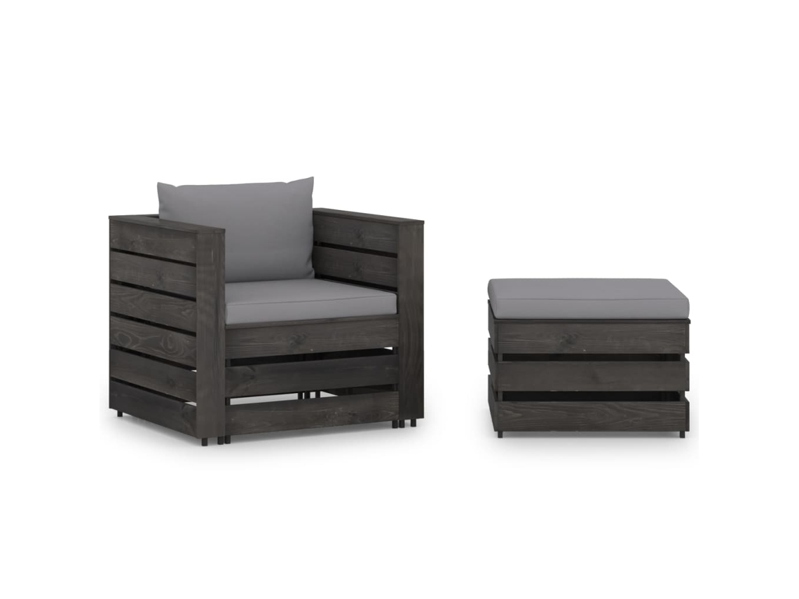 Vidaxl 2 Pcs Conj. Lounge Jardim + Almofadões Madeira Impreg. Cinzento