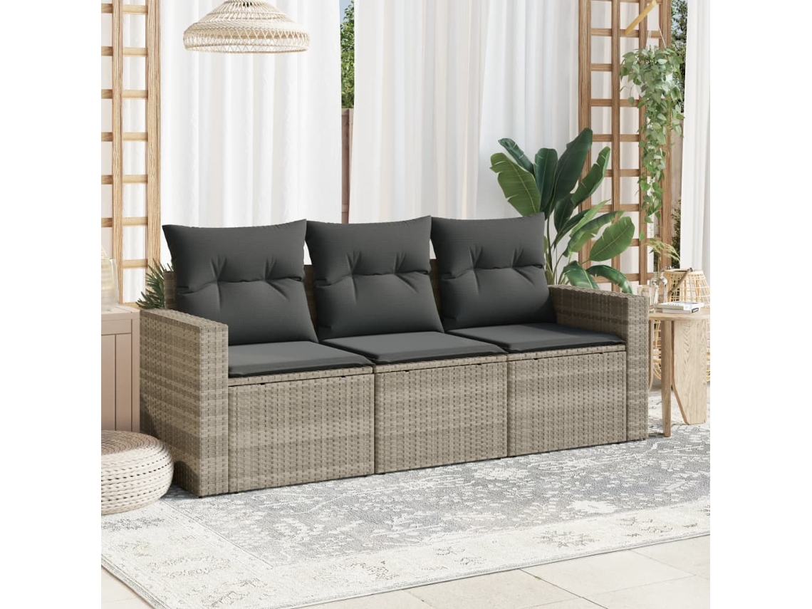 Vidaxl 3 Pcs Conj. Sofás Jardim C/ Almofadões Vime Pe Cinzento-claro
