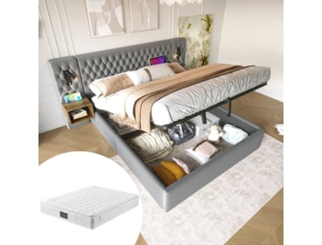 Conjunto De Cama Completo Para Quarto, Cama Estofada Com Armazenamento Hidráulico, Cama De Casal 160×200 Cm Com 2 Mesas De Cabeceira, Cabeceira Com