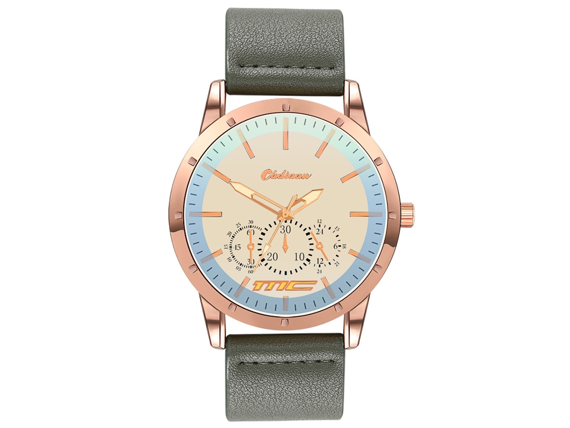Reloj Hombre De Cuarzo Con Correa De Cuero Pu Moda Dial De Tres Ojos Oro Rosa Verde Ejército