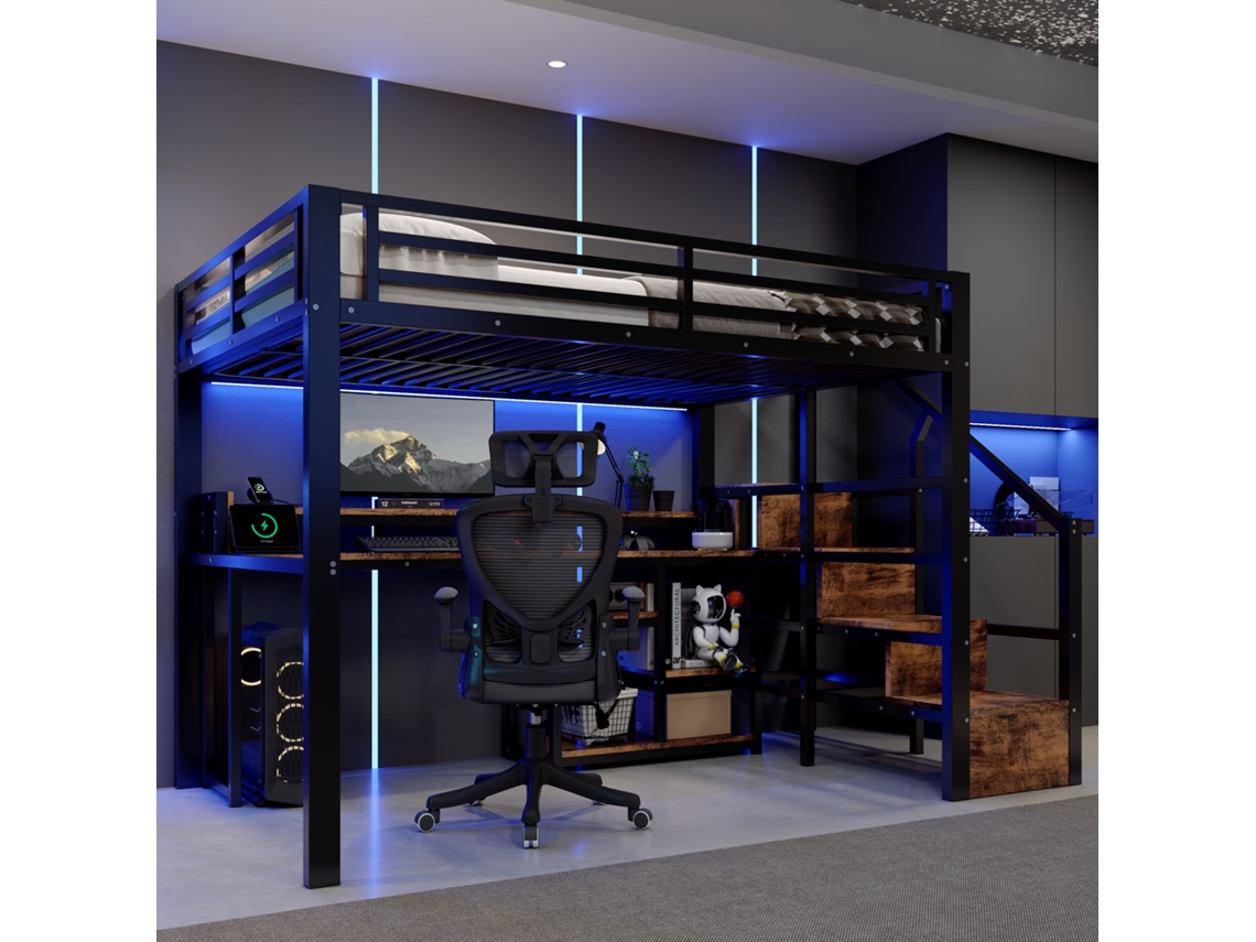 Cama Alta Em Metal E Mdf Preta 140x200 Cm