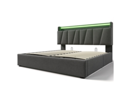 Cama de Casal Estofada 140x200cm com Usb,iluminação Led,arrumação Integrada e Base Ripada de Madeira Cinza PAPRIKA