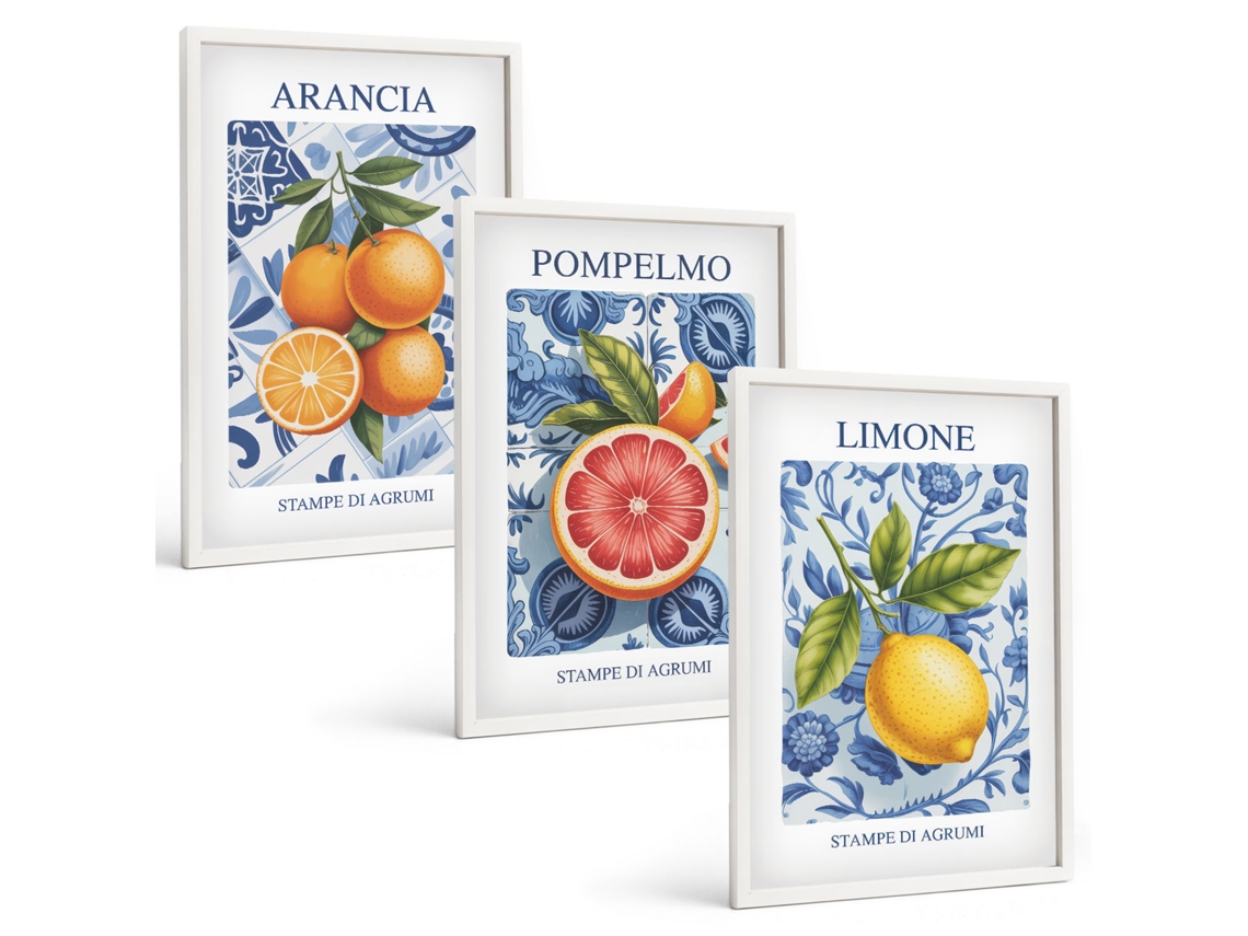 Conjunto De Pinturas Frutas Cítricas Vintage Ilustrações Espelharte (3 Peças 40x60 Cm)