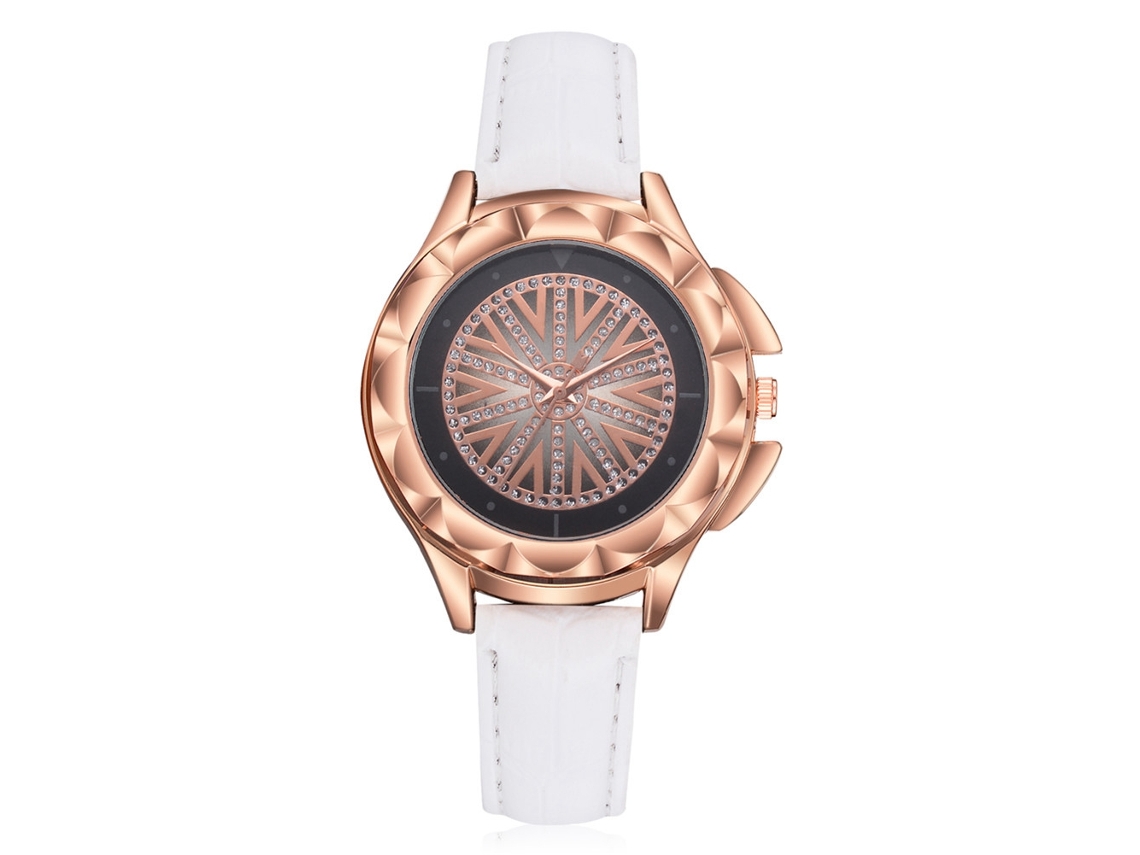 Relógio de Pulso Feminino Casual de Quartzo com Strass e Pulseira de Couro Pu Branco