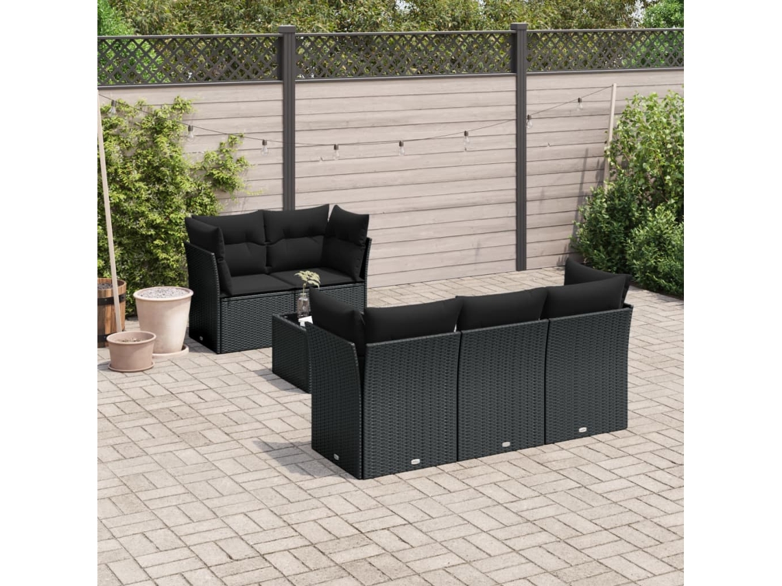 Vidaxl 6 Pcs Conjunto Sofás De Jardim C/ Almofadões Vime Pe Preto