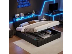 Cama Casal Led De Armazenamento Hidráulico, 160x200cm, Cabeceira Acolchoada Com Luz Rgb, Niche E Pistão Pneumático, Suporte 450kg