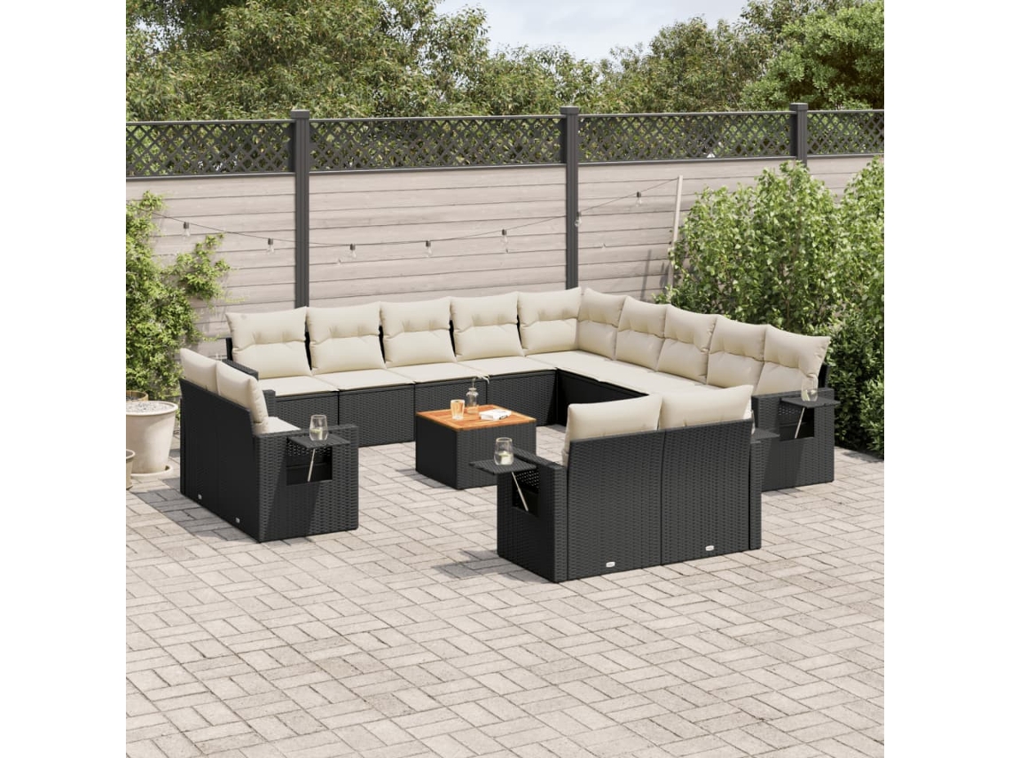 Vidaxl 14 Pcs Conjunto De Sofás P/ Jardim C/ Almofadões Vime Pe Preto