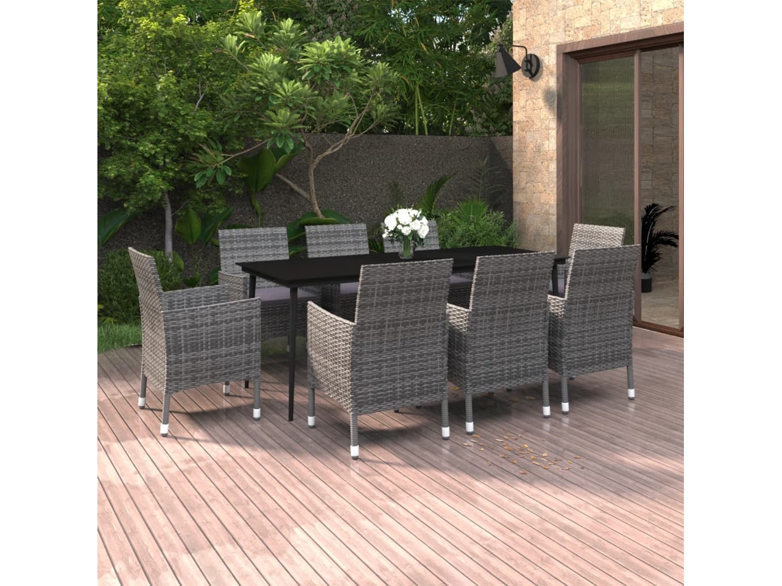 Vidaxl 9 Pcs Conjunto Jantar Jardim C/ Almofadões Vime Pe E Vidro