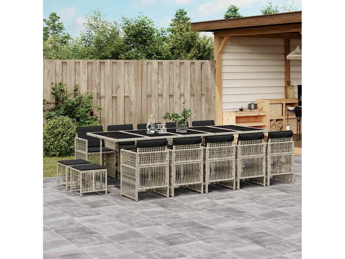 Vidaxl 15 Pcs Conj. Jantar Jardim C/ Almofadões Vime Pe Cinzento-claro