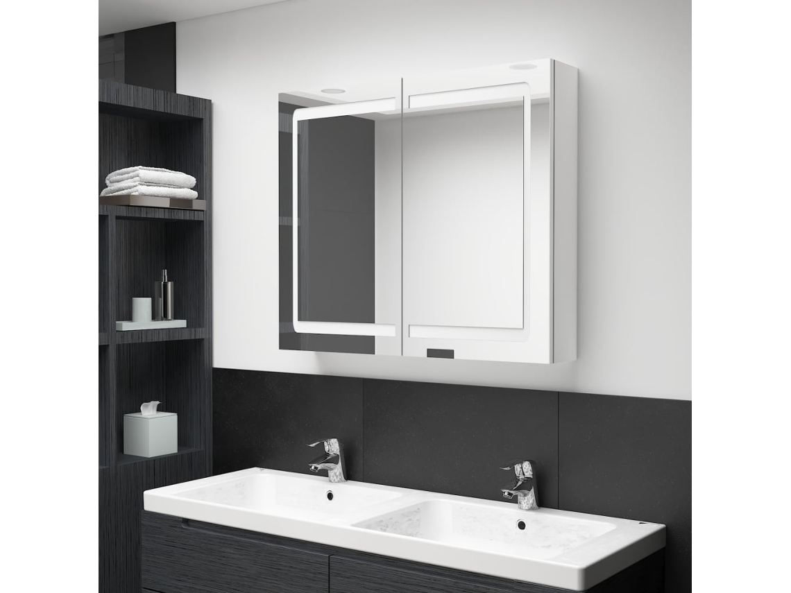 Móvel de casa de banho com espelho LED, 80 x 12 x 68 cm, branco brilhante, DKD HOME DECOR
