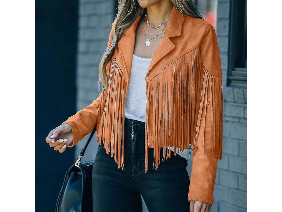 2026-abrigo De Piel Falsa De Gamuza Con Franja Estilo Cowboy Para Mujer Manga Larga Cardigan Xl Amarillo