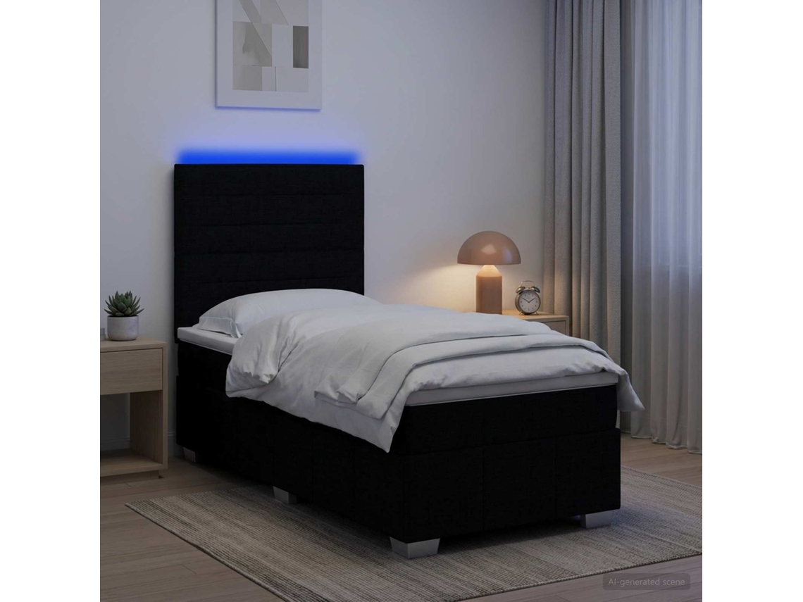 Vidaxl Cama Box Com Led E Colchão Preto 90 X 190 Cm Tecido