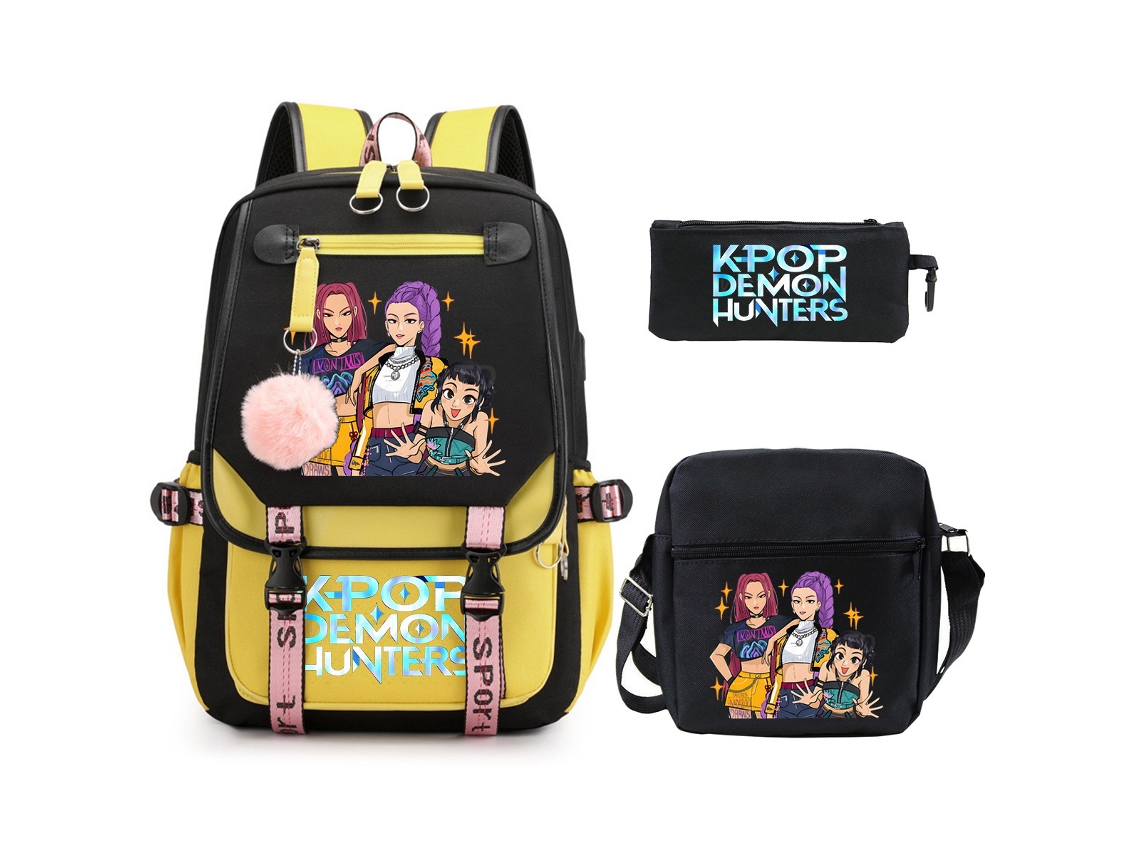 Mochila Escolar De Anime Conjunto De Três Peças, Com Bolsa Transversal E Estojo, Grande Capacidade, Impermeável, Estilo 5 Amarelo