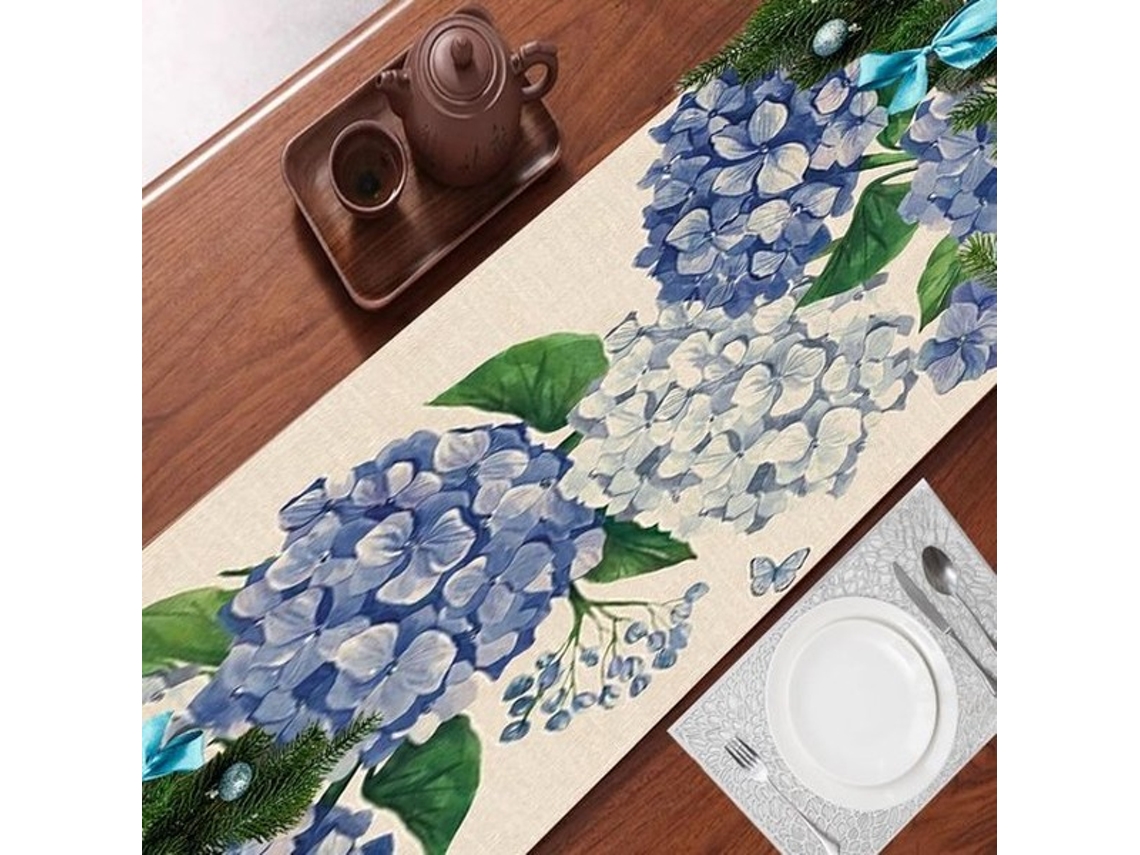 Tábua De Sessão Azul - Hortênsias - Desenho Aquarela - Materiais De Pêlo - 40 X 183 Cm - Adequado Para Festas - Toalha De Mesa