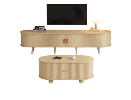 Conjunto Tv Com Mesa De Centro Oval, Mdf Cor Madeira Natural Com Amplo Armazenamento (175x40x42cm) Panshiyuan (100x50x40cm)