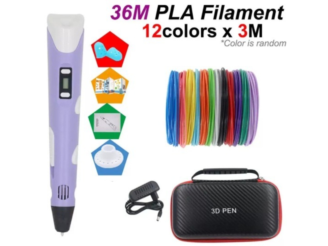 Caneta De Impressão 3d Inteligente Com Tela Lcd,caixa De Armazenamento, 3m X 12 Cores Filamentos, Roxo Digitallab