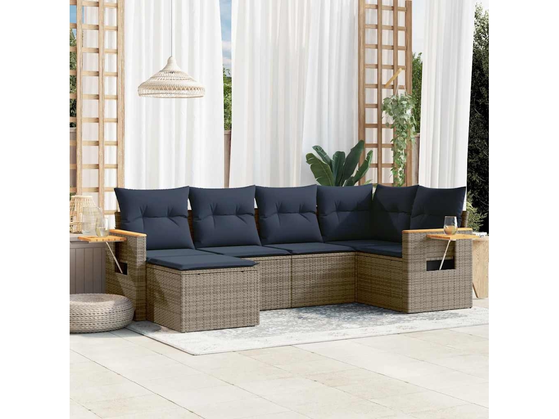 Vidaxl 6 Pcs Conjunto Sofás P/ Jardim C/ Almofadões Vime Pe Cinzento