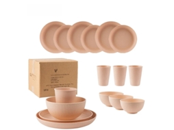 Conjunto de Talheres Portáteis Estilo Campestre com 16 Peças, Incluindo Faca, Garfo e Colher, Feitos de Plástico Ecológico. MDUG (rosa)