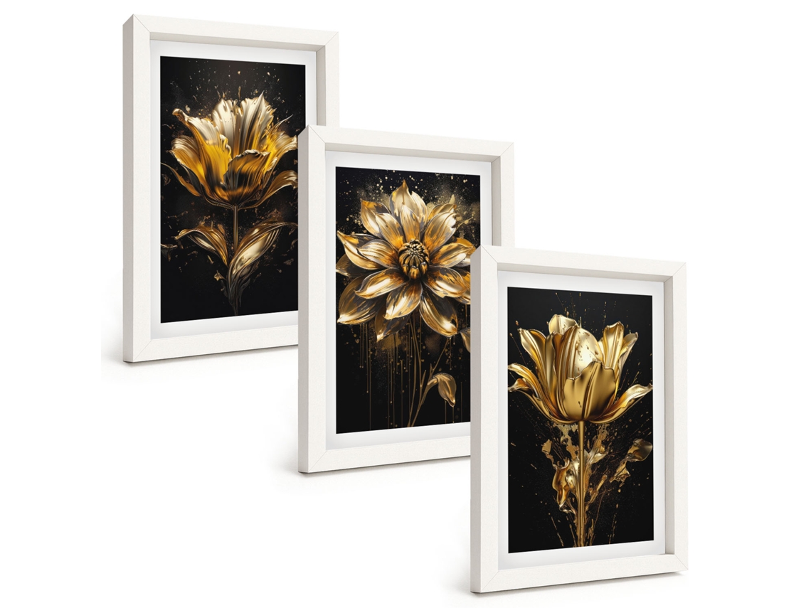 Conjunto De Pinturas Flores, Amarelo, Fundo Escuro Moldura Branca Quadros Para A Sala De Estar Espelharte (3 Peças 20x30 Cm)