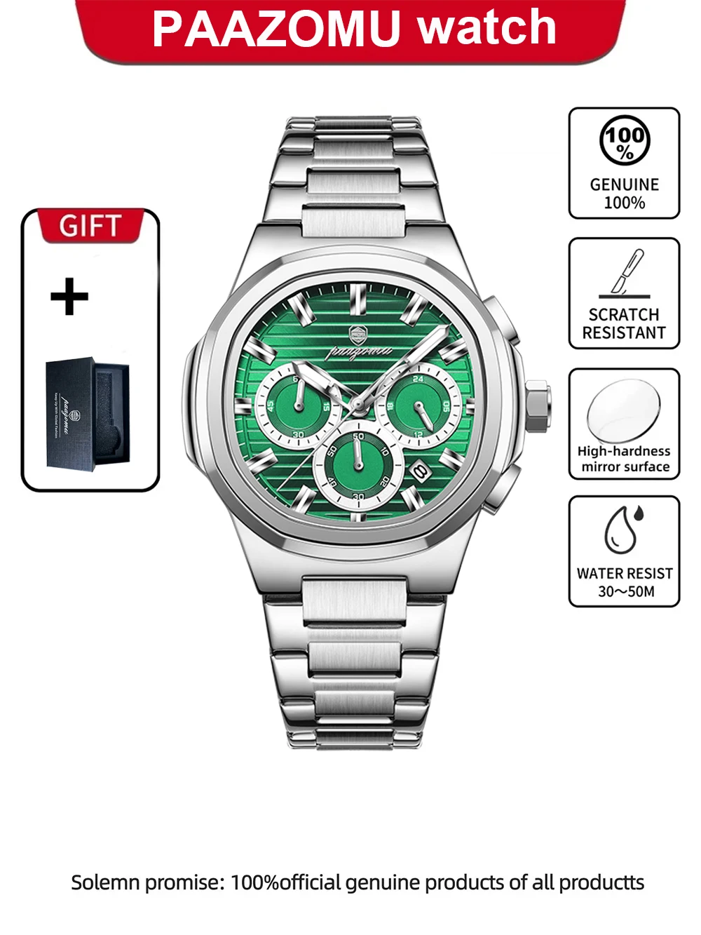 Relógio Elegante E À Prova D'água (verde Prateado) Com Cronógrafo E Indicador De Data.