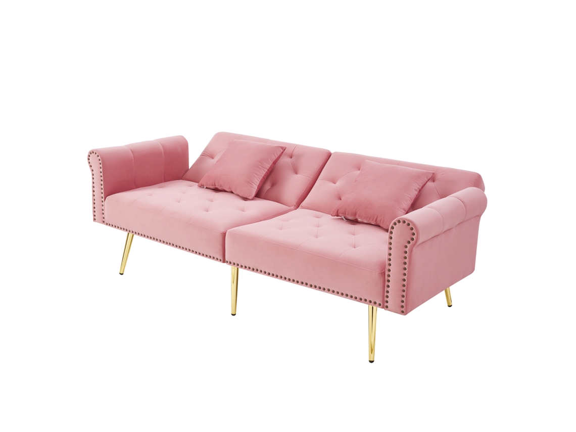 Sofá-camas Moderno De 2 Lugares Em Veludo, Com Encosto Ajustável E Pés De Metal Dourado, Ideal Para Espaços Pequenos E Funcionais.