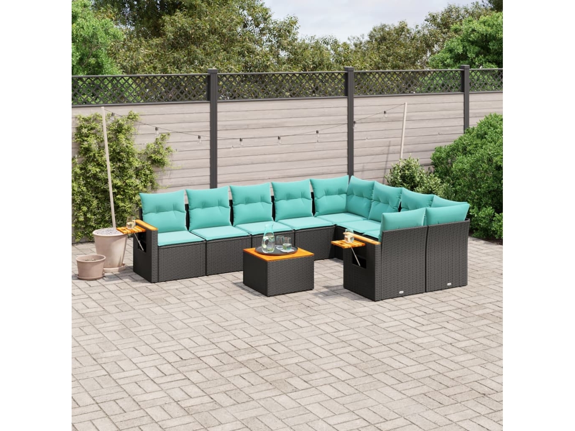 Vidaxl 10 Pcs Conjunto De Sofás P/ Jardim C/ Almofadões Vime Pe Preto