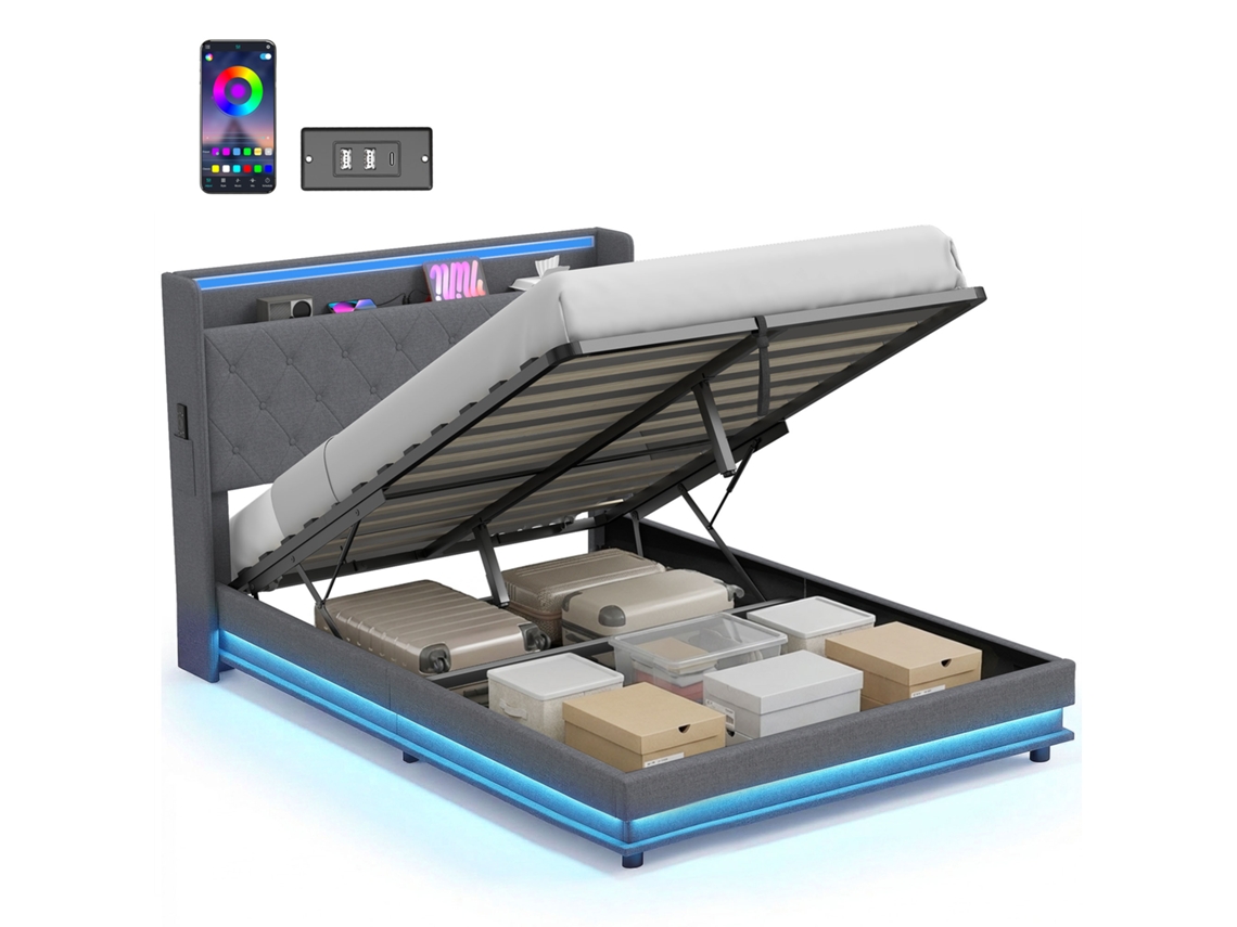 Cama de Casal VISTA 140x190cm com Arrumação, Iluminação Led, Estação de Carregamento, Linho Cinza