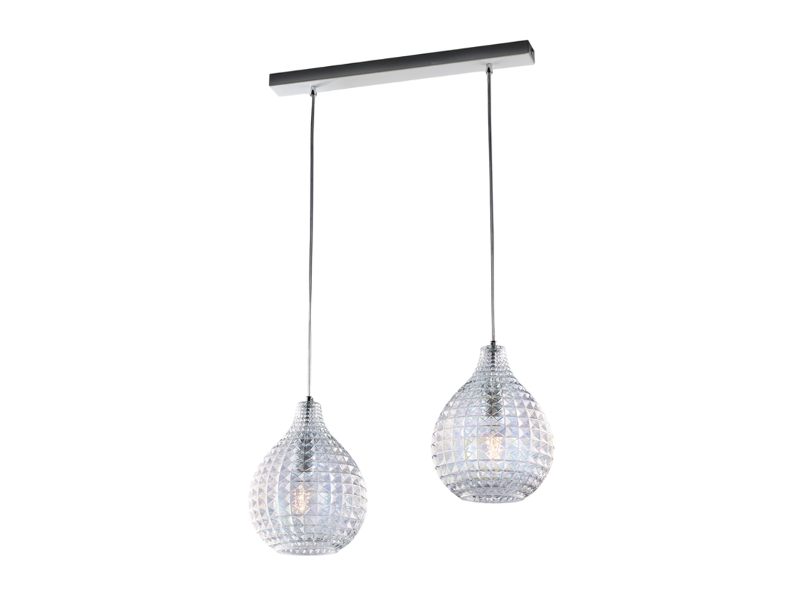 Diamante Calha em moldura branca de ferro e cromo com cabos ajustáveis ​​​​e difusores em vidro soprado transparente com efeitos de luz Dec. 2 Light Glass.