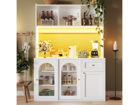 Armário De Cozinha,armário Alto Com Prateleiras Ajustáveis,vitrine,buffet Com Iluminação Led,branco Para Sala De Jantar Mega Echo Trade Shop