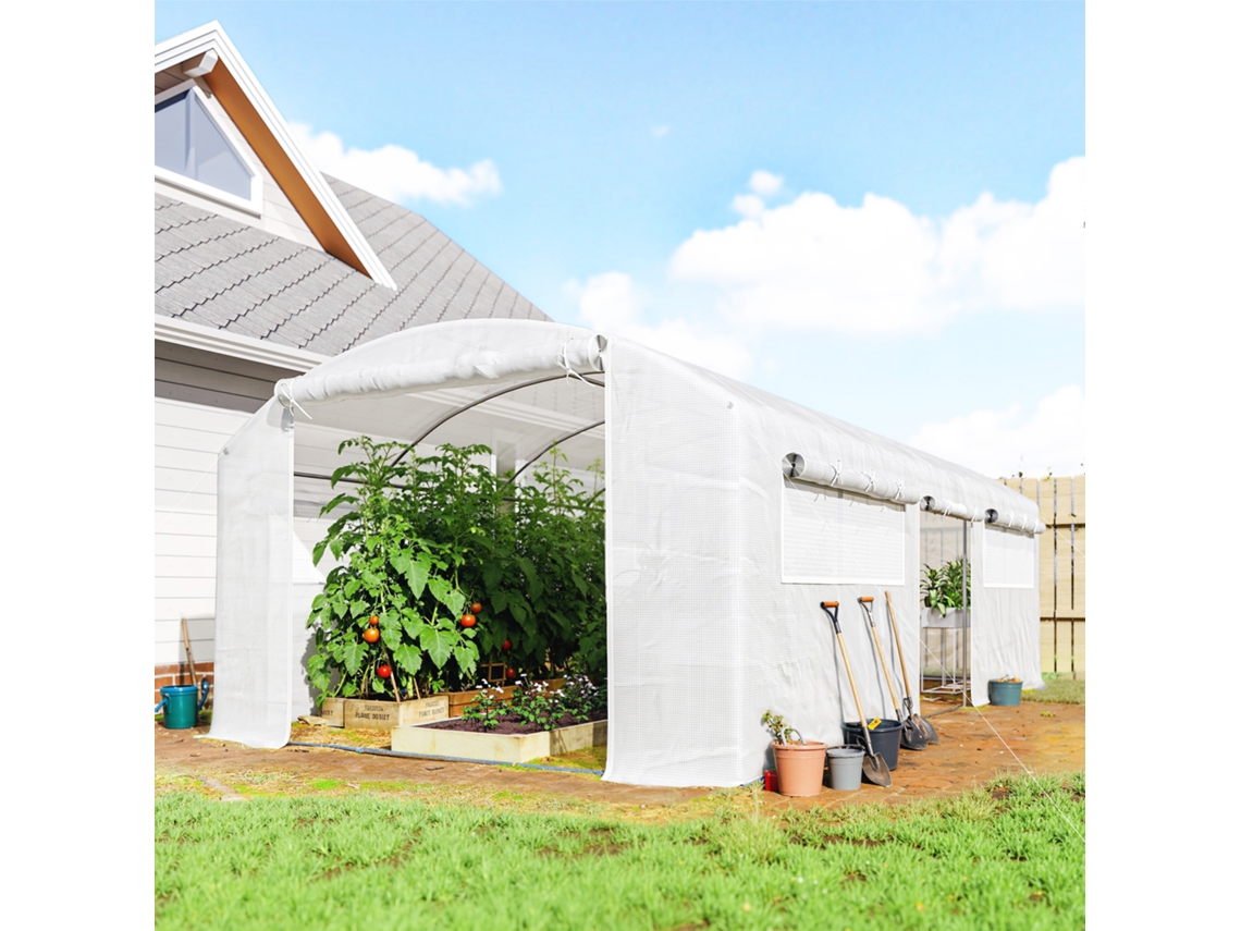 Estufa Túnel Galvanizado 6x3x2 M Com 3 Portas Enroláveis, 6 Janelas Com Rede E Estrutura De Aço Branco