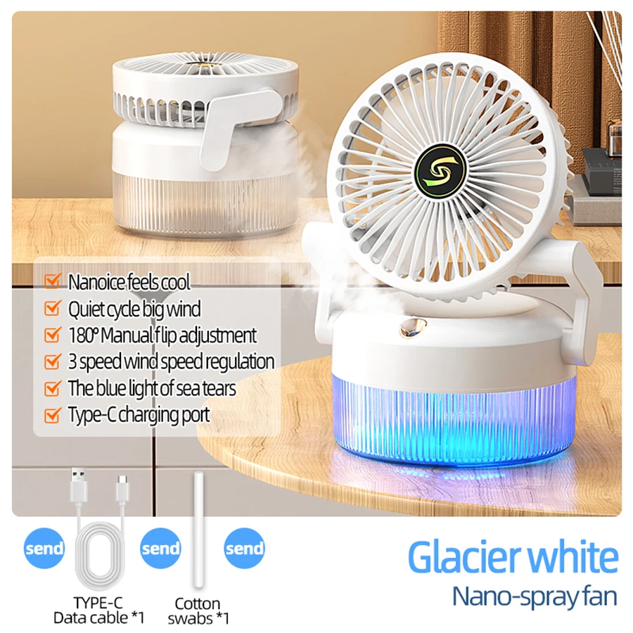(branco) Umidificador De Mesa Recarregável De 800ml Com Ventilador, Ar Condicionado Portátil, Ventilador De Spray Dobrável Com Luz Azul.