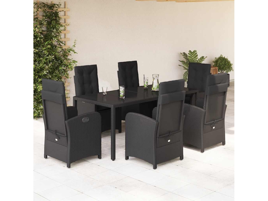 Vidaxl 7 Pcs Conjunto de Jantar P/ Jardim C/ Almofadões Vime Pe Preto