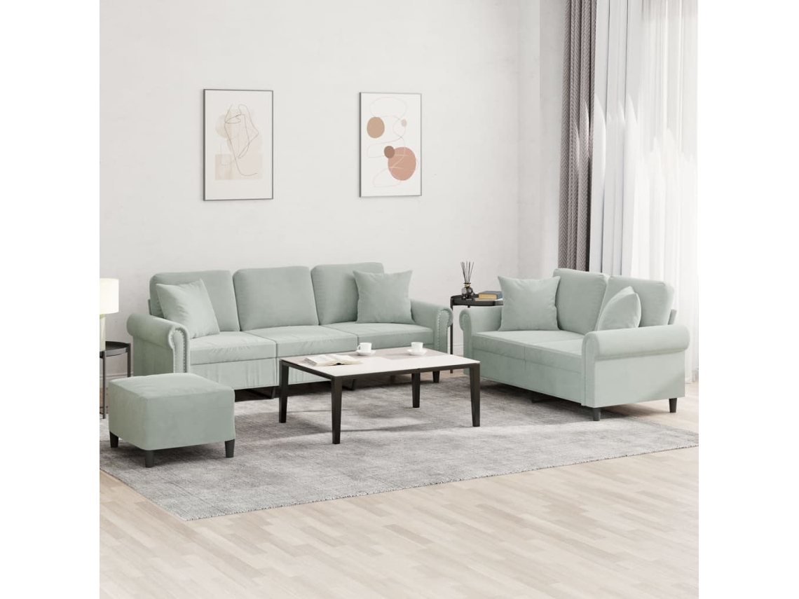 Vidaxl 3 Pcs Conjunto De Sofás Com Almofadas Veludo Cinzento-claro