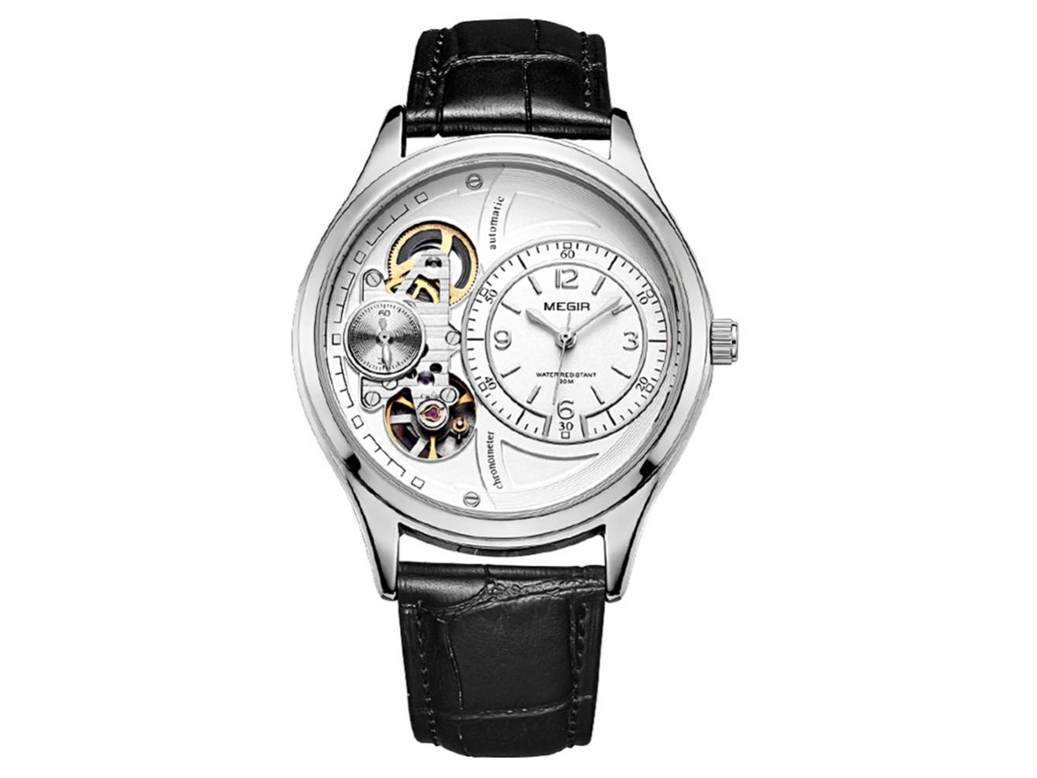 Relógio de quartzo masculino Megir com pulseira vazada em couro PU, resistente à água (pulseira preta)