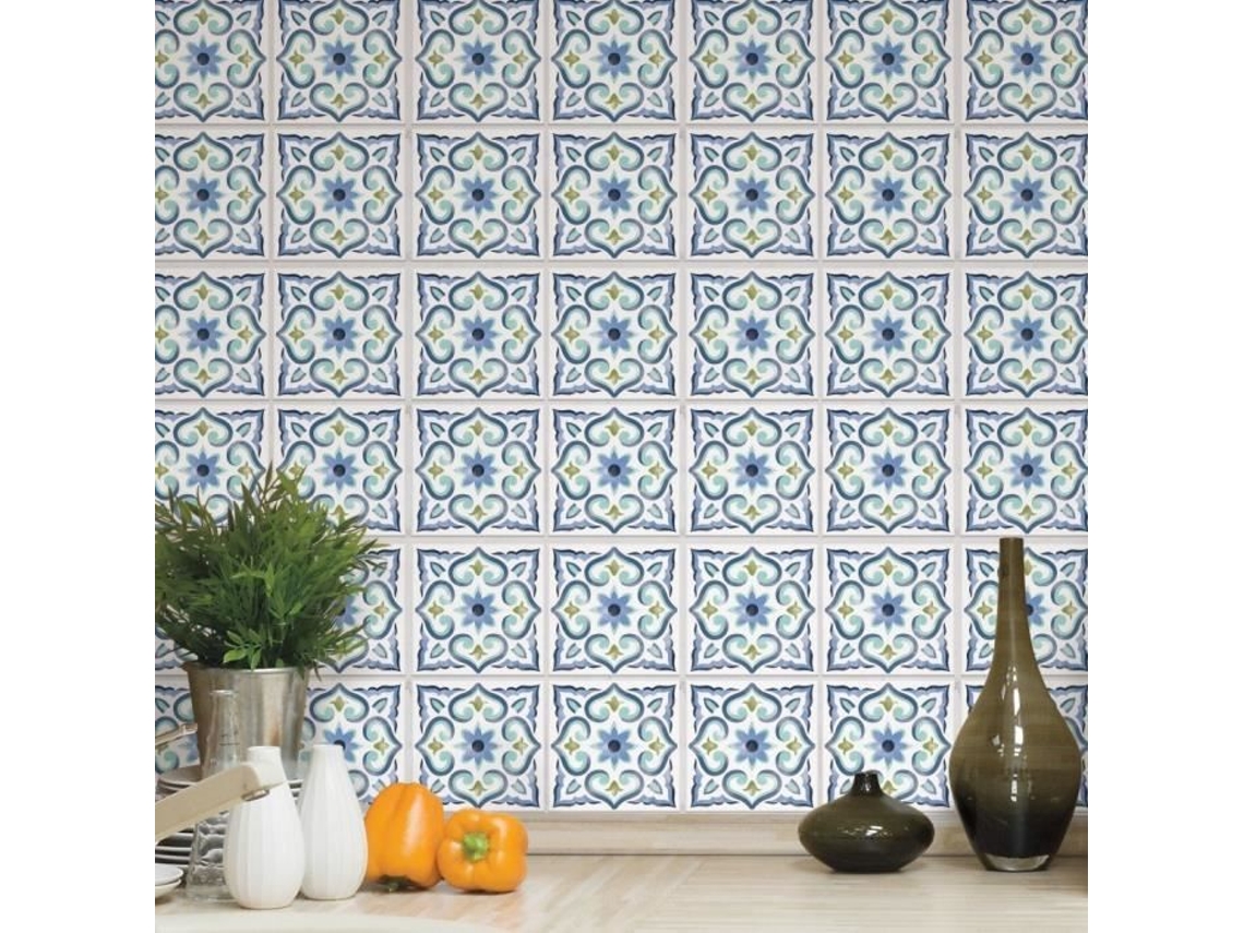Revestimento De Parede Azulejo Adesivo Ladrilhos De Cimento Azul-branco - 4 Vezes 25x25cm