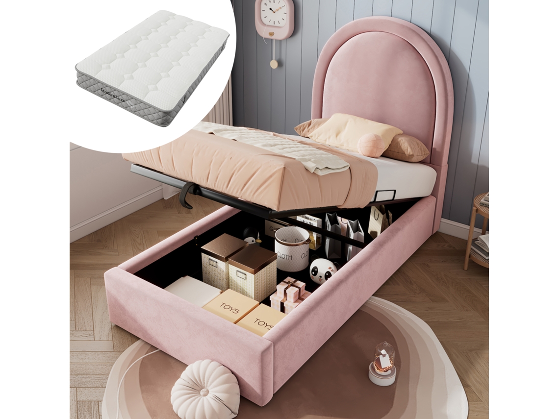 Cama Infantil 90x200 Cm em Veludo Rosa, Estilo Menino/menina, Design Simples, com Colchão VSOGA