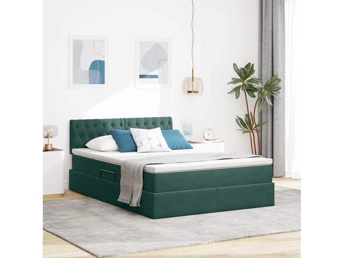 Vidaxl Cama De Armazenamento Led Com Colchão Verde-escuro 140 X 200 Cm