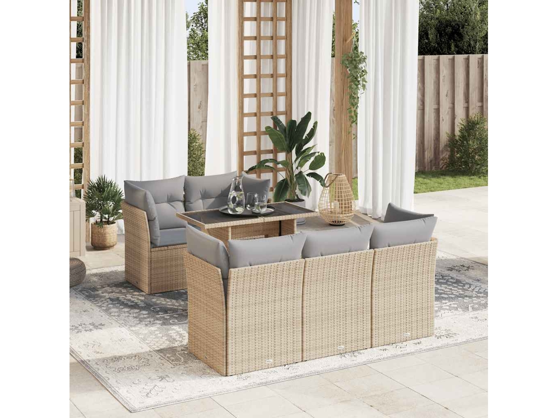 Vidaxl 6 Pcs Conjunto De Sofás P/ Jardim Com Almofadões Vime Pe Bege