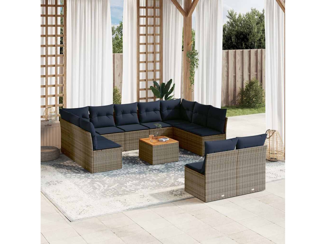 Vidaxl 12 Pcs Conjunto Sofás P/ Jardim C/ Almofadões Vime Pe Cinzento