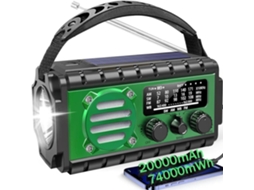 Rádio Meteorológico Portátil de Emergência de 20000mah com Célula Solar, Manivela, Bateria, Carregamento de Celular e Alarme Sos, Verde AQUAFORGE
