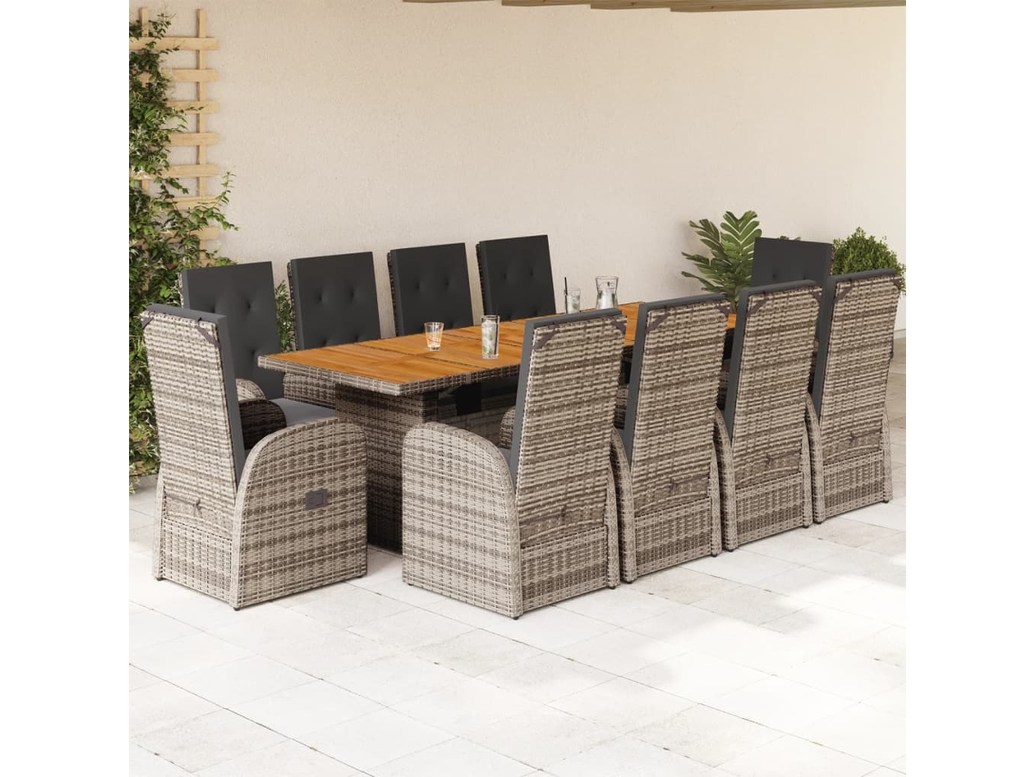 11 Pcs Conjunto Jantar P/ Jardim C/ Almofadões Vime Pe Cinza Dkd Home Decor
