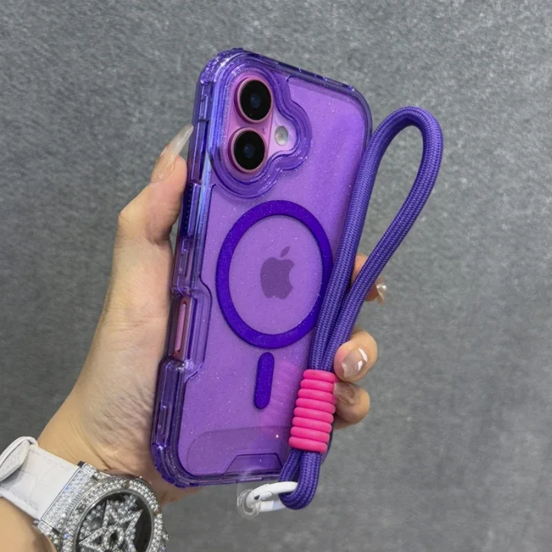 Capa Transparente Magnética Para Iphone 13 Pro (roxa) Com Alça De Pulso E Cordão, Resistente A Impactos.
