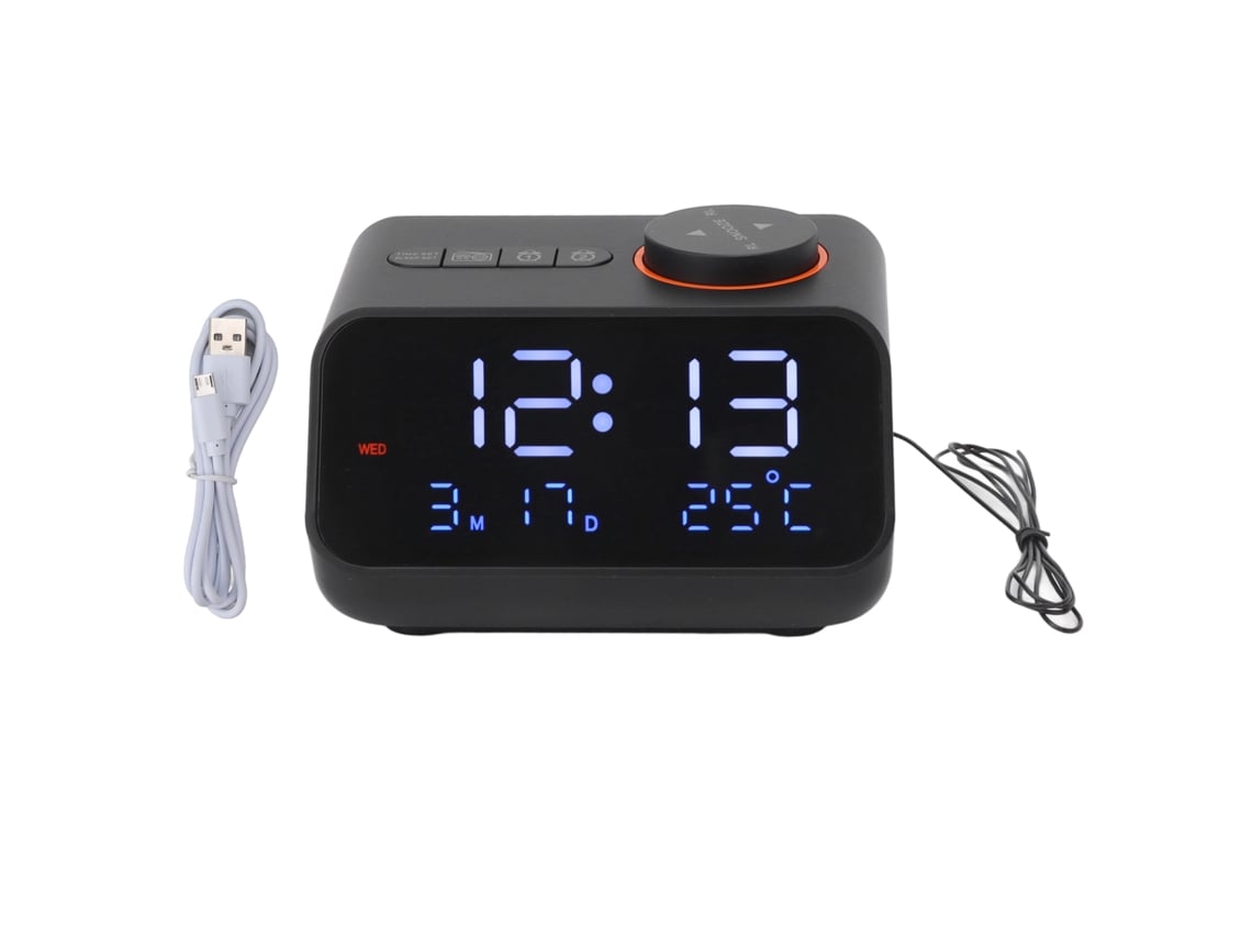 Despertador digital LED Baok-reloj com rádio FM, temporizador, temperatura e umidade para quarto e escritório, preto.