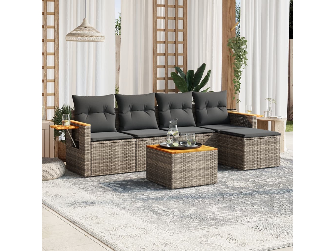 Vidaxl 6 Pcs Conjunto Sofás De Jardim Com Almofadões Vime Cinzento