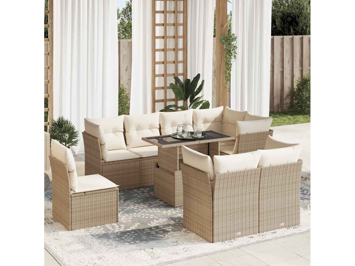 Vidaxl 9 Pcs Conjunto De Sofás P/ Jardim Com Almofadões Vime Pe Bege